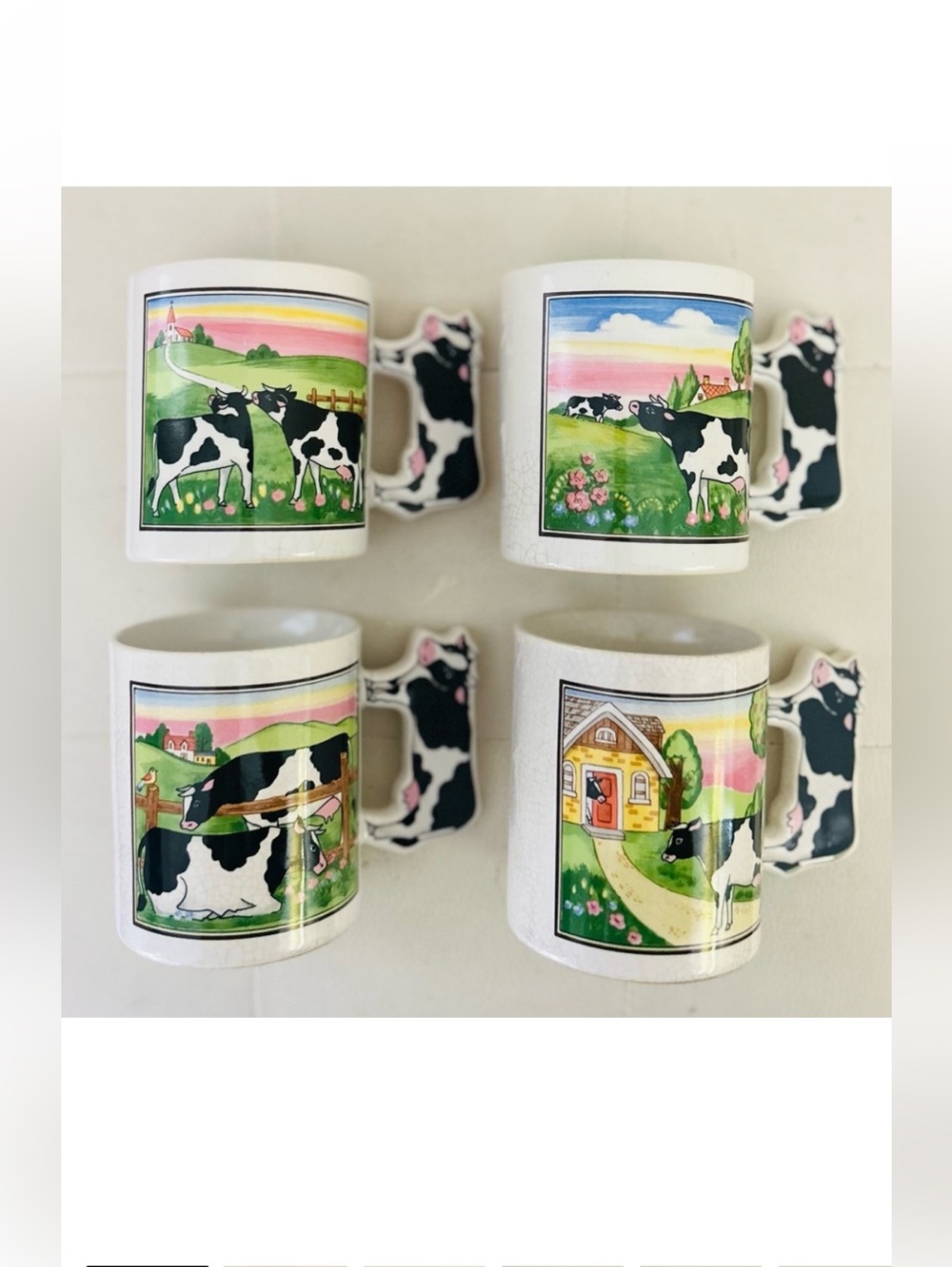 Vintage 80s Cow Handle Cow Graphic Coffee Mugs Set Of 4